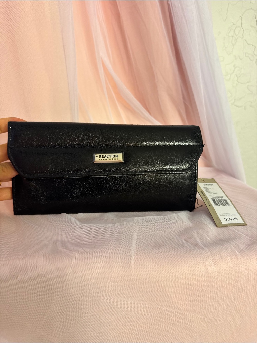 👛Kenneth Cole Reaction Black Solid Checkbook Wallet Snap Coin Purse Logo
